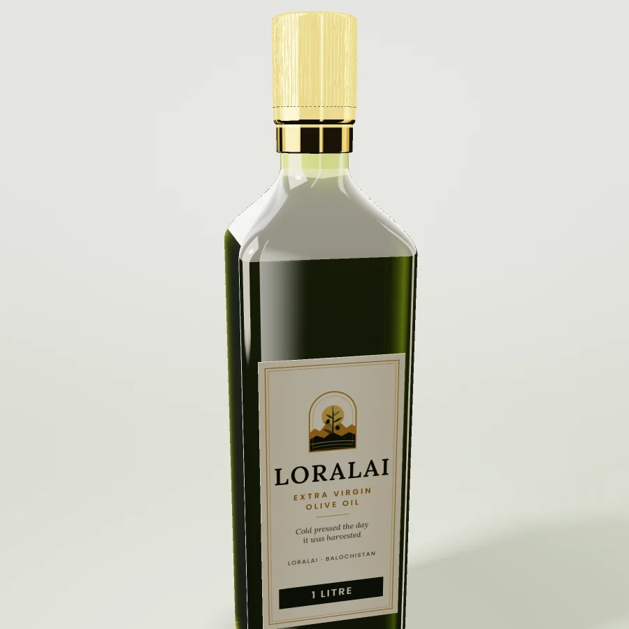 Close-up of a Loralai olive oil bottle, gold cap and label
