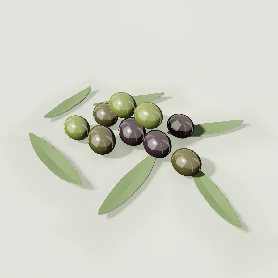 Freshly harvested olives and olive leaves