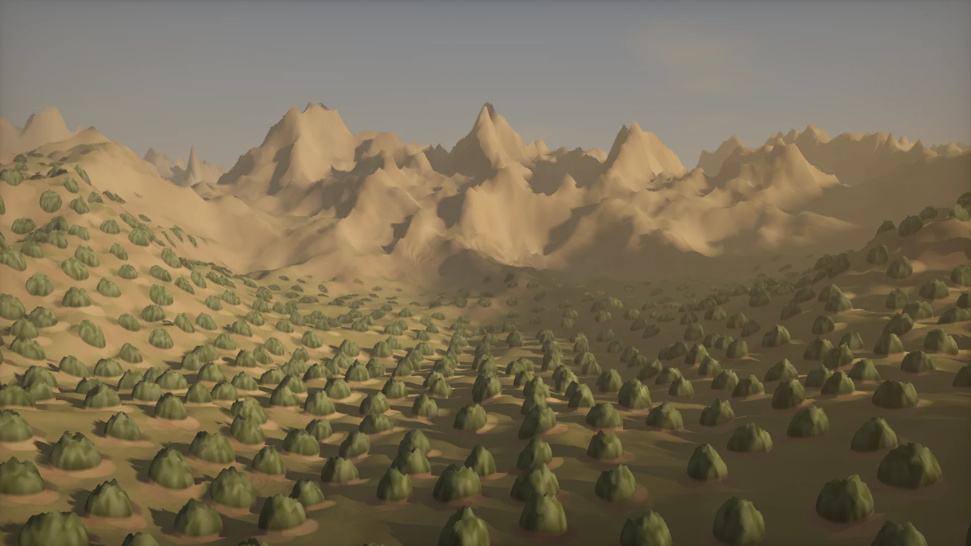 Illustration of olive orchards in a mountain valley at golden hour