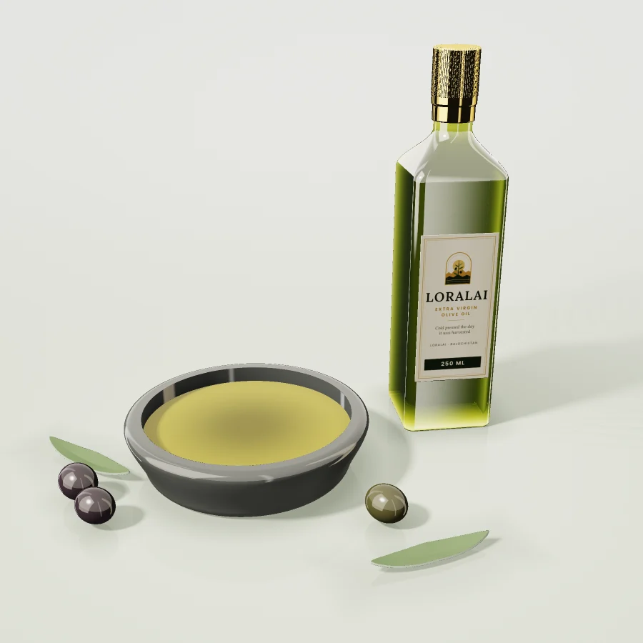 A bowl of freshly pressed extra virgin olive oil next to a 250 ml bottle