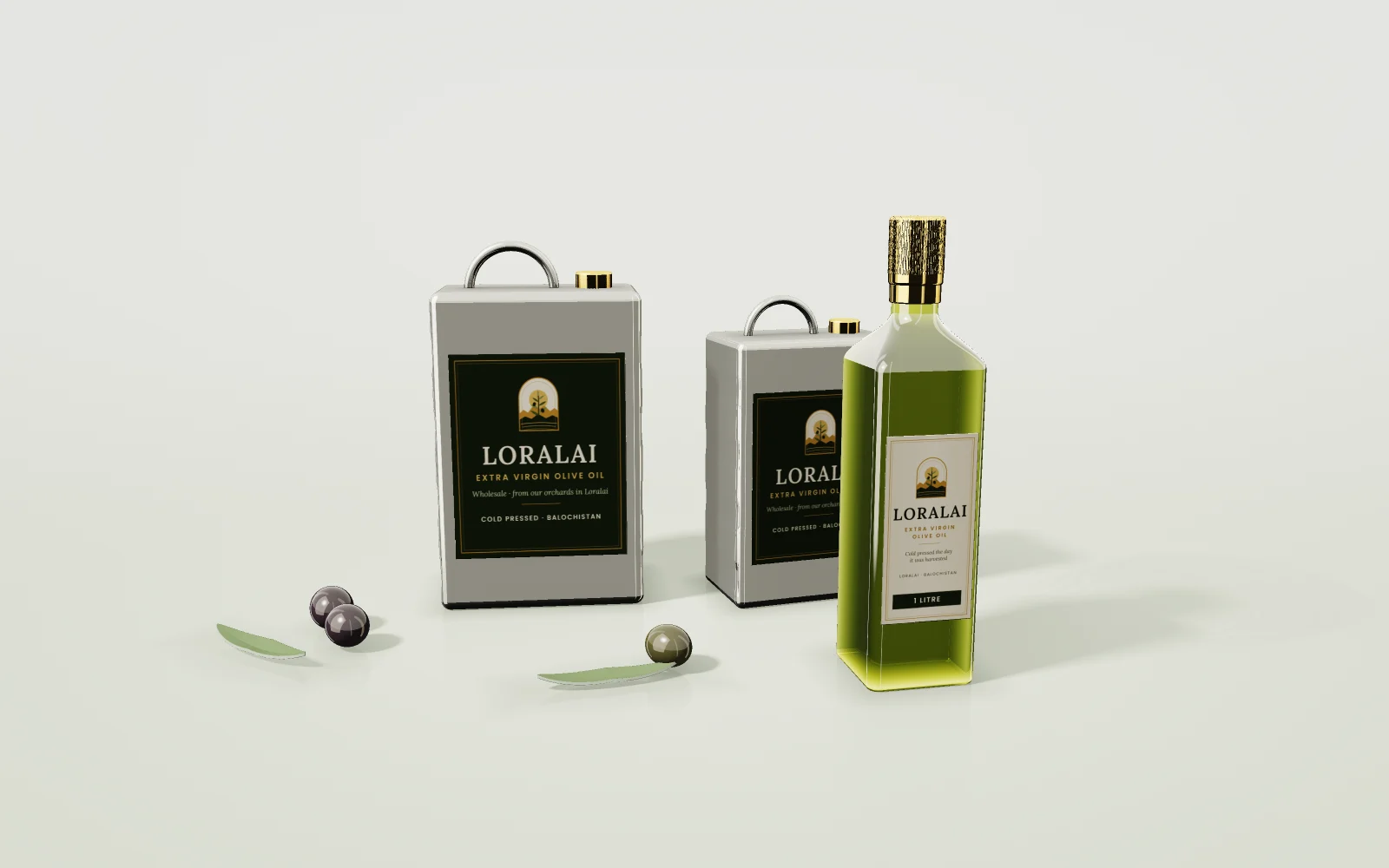 Loralai olive oil wholesale tins next to a 1 litre bottle